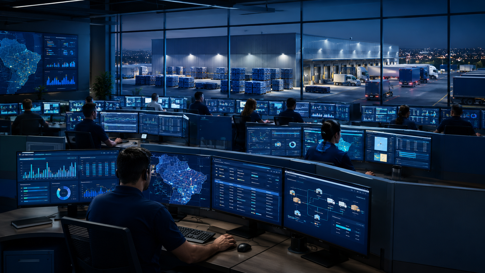 Centro de controle logístico da Ambev com painéis de indicadores operacionais