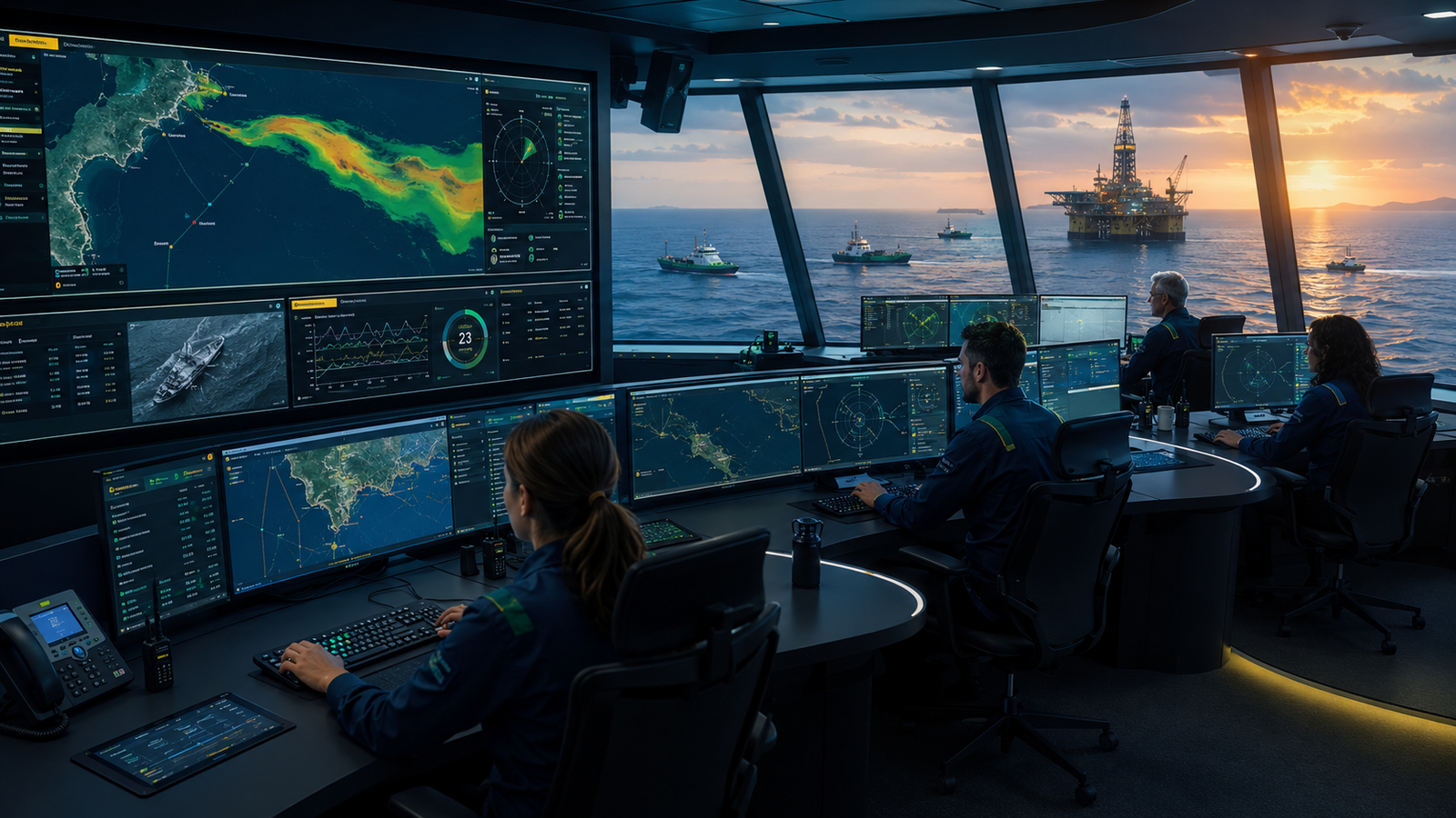 Sala de controle offshore da Petrobras com mapas marítimos e painéis operacionais